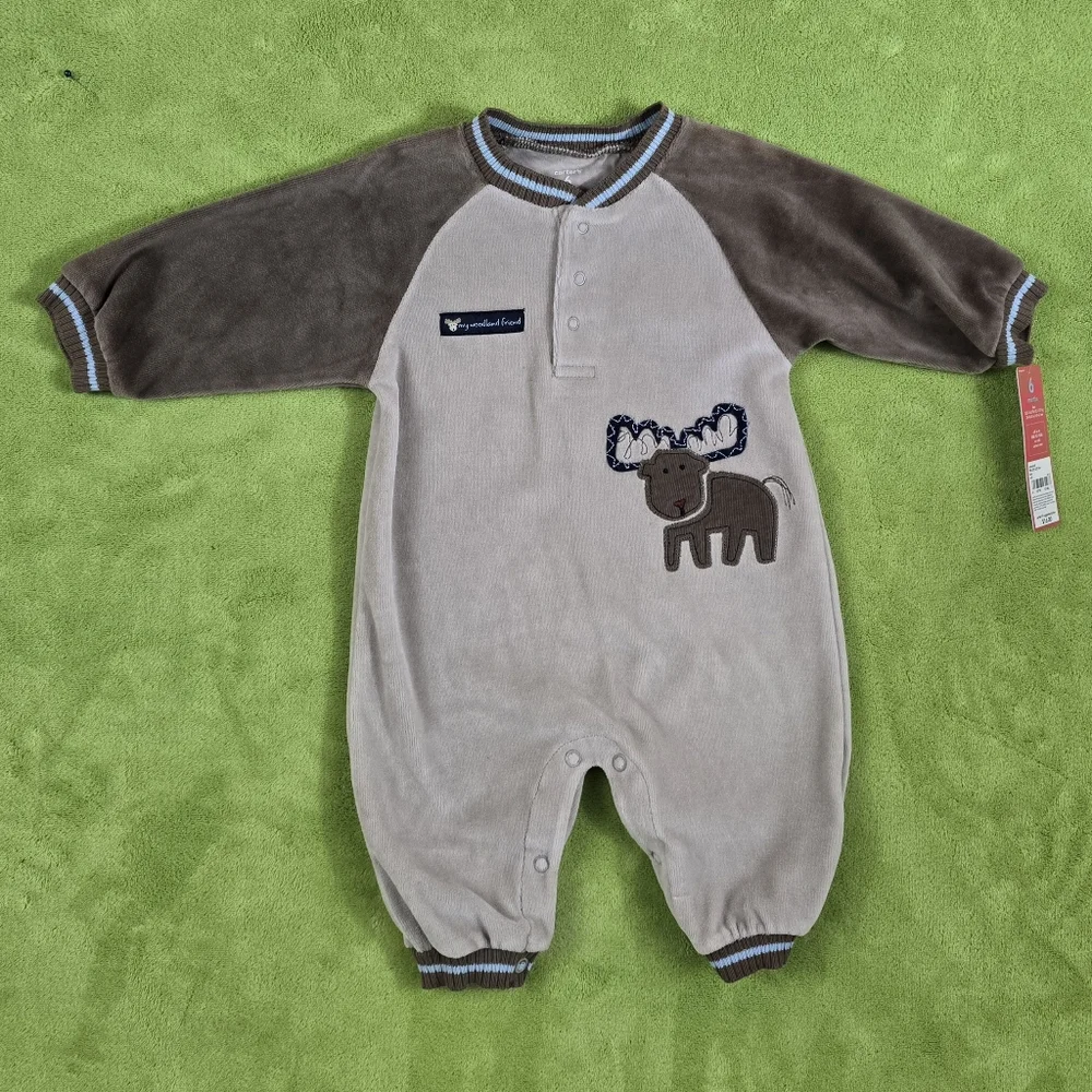 NWT 3-6M Baby BOYS Soft VELOUR Jumpsuit - Romper BROWN MOOSE + Blue Accent (Q3)